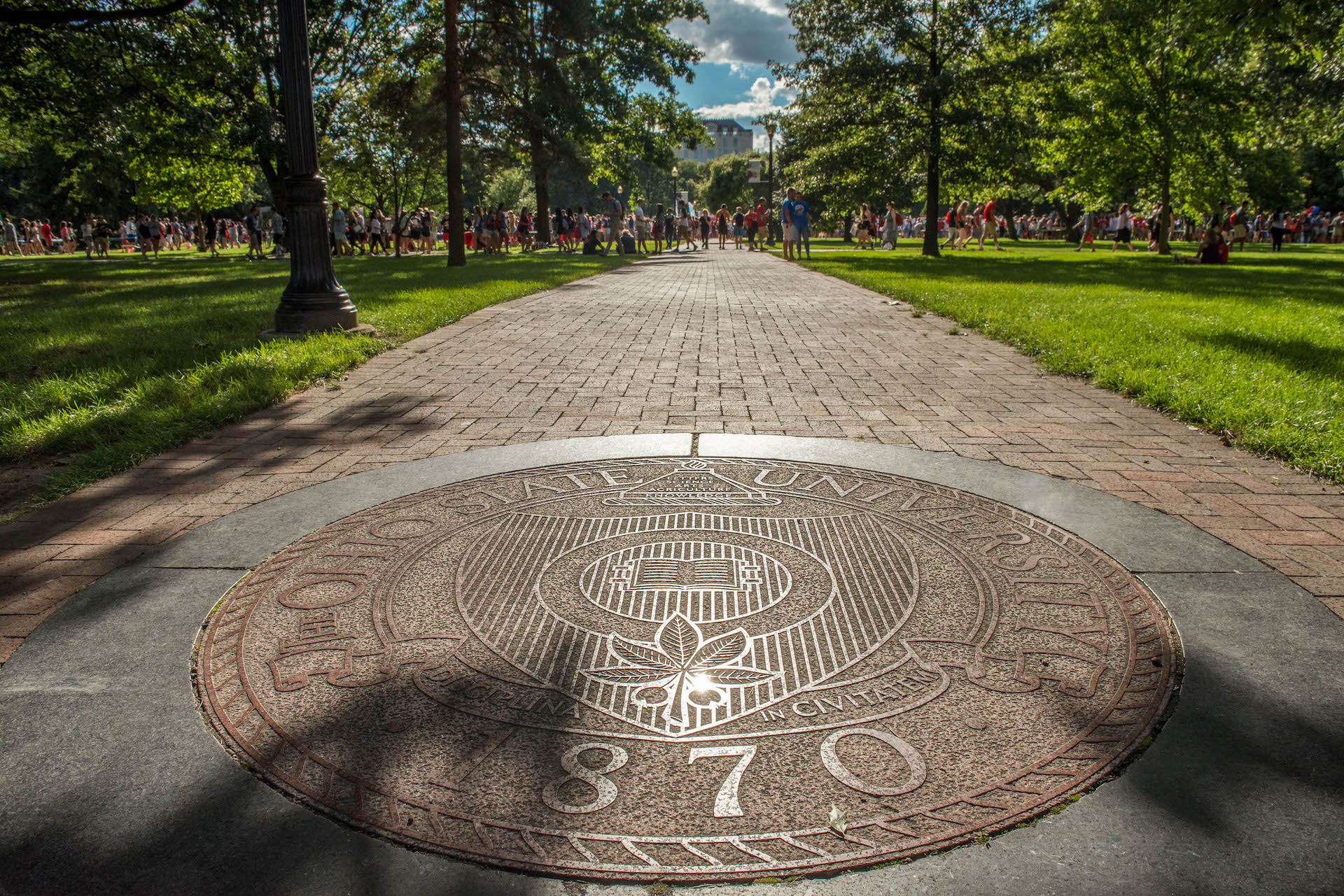 Picture of the Seal of The Ohio State University on the Oval.