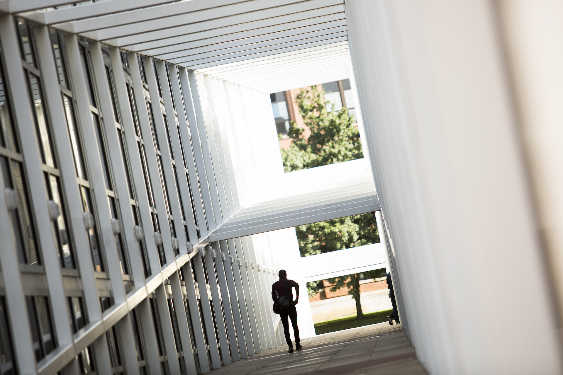 A faculty member walks in an outdoor corridor.