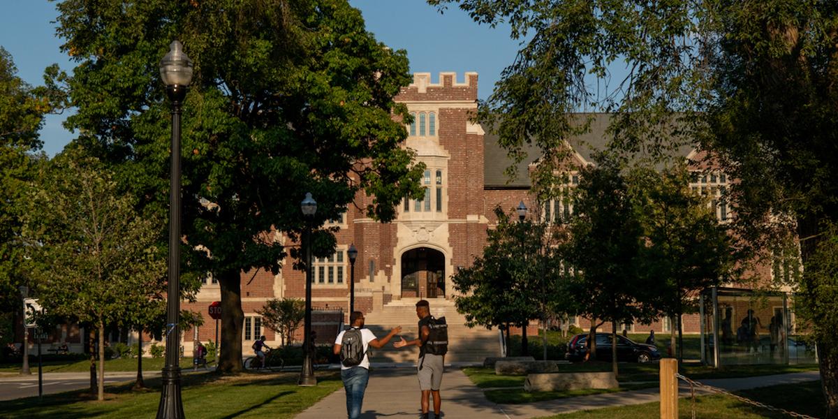 Two students walk on the oval under blue skies and lush trees.