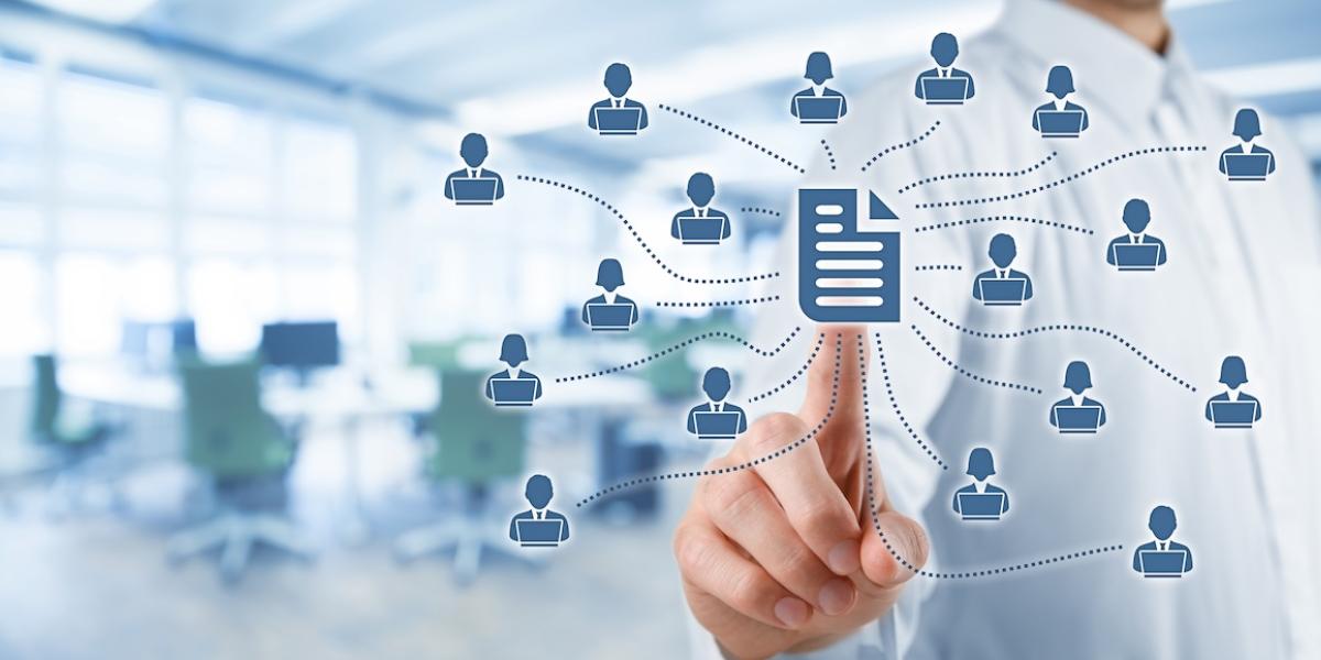 A person clicks a document icon while user icons float around.