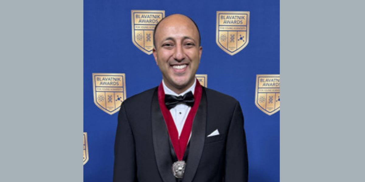 Headshot of David Nagib in a tuxedo wearing his Blavatnik National Awards finalist medal