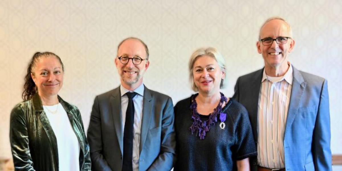 Dana Renga, Dean of Arts and Humanities; Yannick Tagand, Consul General of France; Fabienne Münch, Department of Design Chair; David Horn, Dean of the College of Arts and Sciences