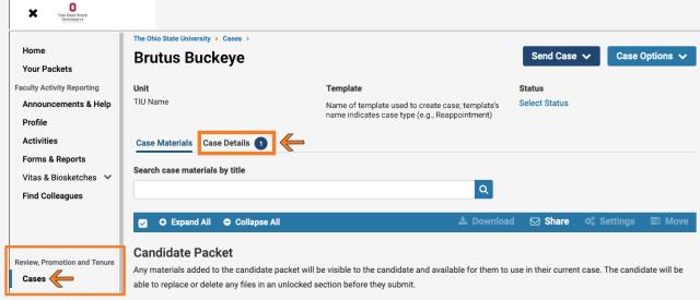 Image of sample candidate case highlights Cases navigation option and how to access Case Details tab