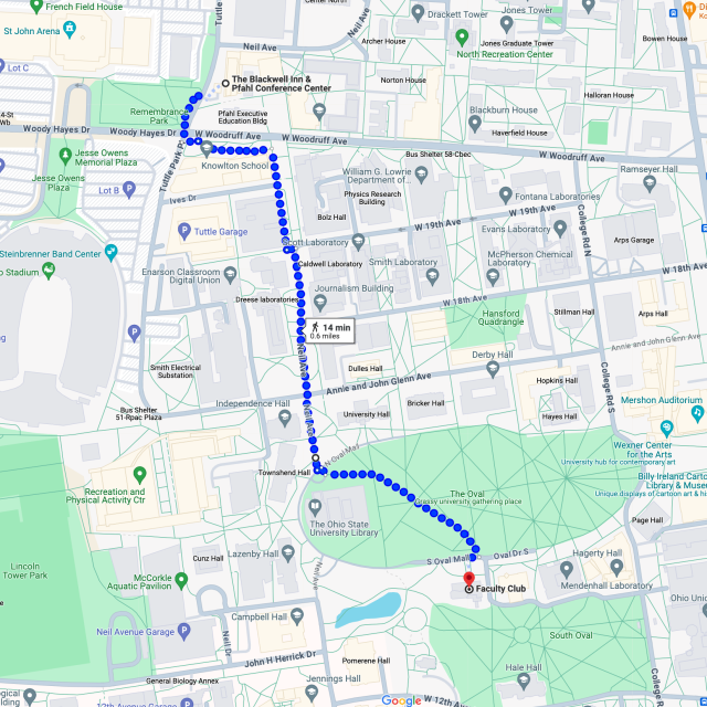 Map shows an Apple Map showing the walking path from the Blackwell Inn to the Faculty Club: https://www.google.com/maps/dir/The+Blackwell+Inn,+Tuttle+Park+Place,+Columbus,+OH/The+Faculty+Club,+Faculty+Club,+Oval+Drive+South,+Columbus,+OH/@40.0015952,-83.0163625,17z/data=!4m19!4m18!1m10!1m1!1s0x88388e97af90fd3d:0xe43dbd69e093c2c!2m2!1d-83.0167315!2d40.0047517!3m4!1m2!1d-83.0152333!2d39.9999605!3s0x88388e958d45b547:0x18190969c4a42d81!1m5!1m1!1s0x88388ebfb03abc6f:0x5aa9a6b28dc71330!2m2!1d-83.012668!2d39.998282