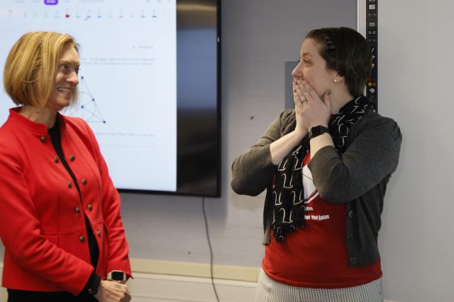 Jenny Sheldon is awarded in a surprise visit from Kay Wolf.