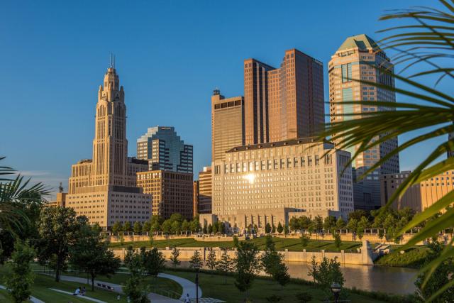 A picture of the Columbus Skyline from the west bank of the Olentangy River.