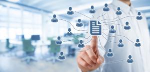 A person clicks a document icon while user icons float around.