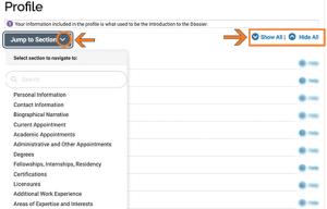 Screenshot of Profile with arrows highlighting FAR Jump To button and Show All Hide All options