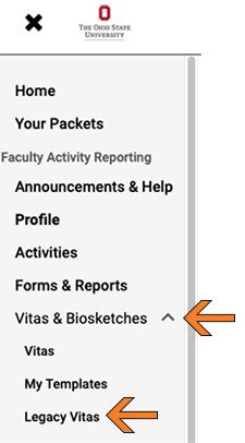 Screenshot of FAR navigation menu with arrows to Vitas and Biosketches and its drop down menu option Legacy Vitas