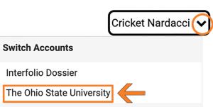 Screenshot of name at upper right of Ohio State Interfolio homepage with menu icon circled and arrow by Ohio State as account switch option