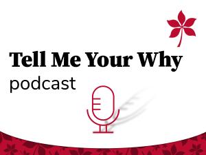Image shows text Tell Me Your Why podcast with red buckeye leaf and icon of vintage table top microphone.